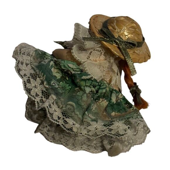 Porcelain Doll Miniature Dress Red Hair Straw Hat 3" Straw Hat Dollhouse VTG - Picture 3 of 6